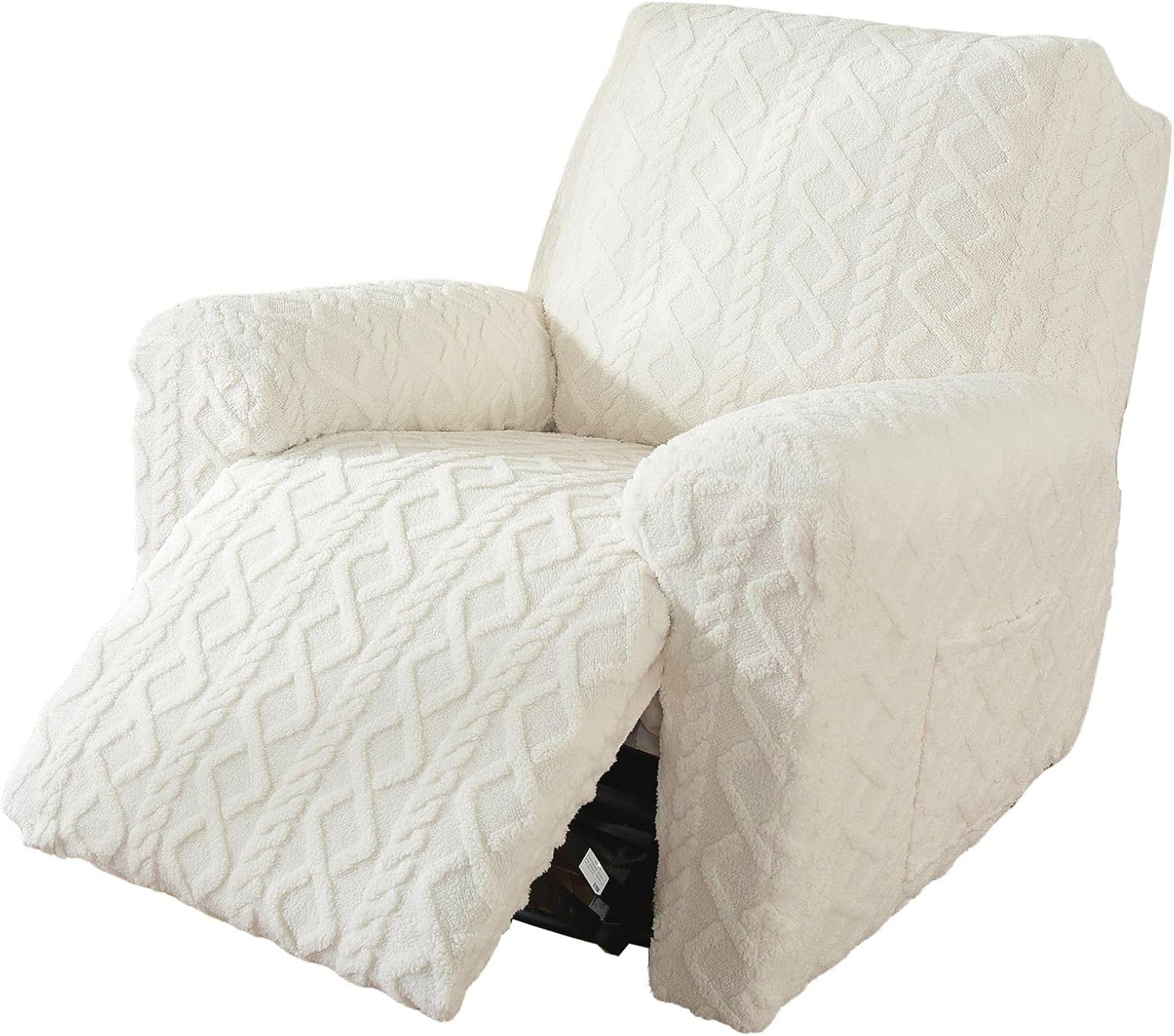 vctops 4 Pieces Geometric Jacquard Plush Recliner Slipcovers Soft Fuzzy Fluffy Sofa Couch Cover Anti-Slip Furniture Protector with Elastic Bottom for Kids Cats Dogs(Cream,1 Seat)