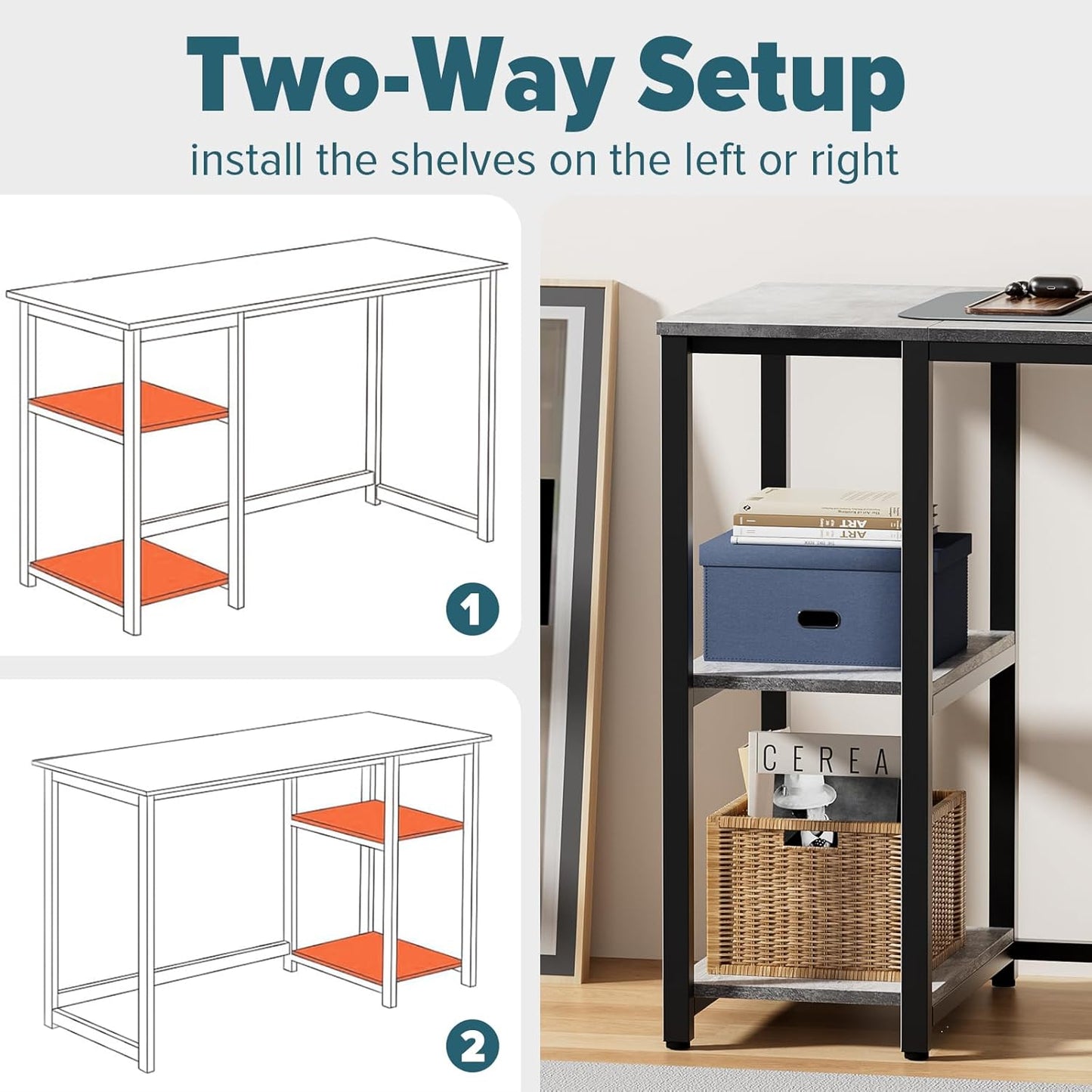 SINPAID Computer Desk 40 inches with 2-Tier Shelves Sturdy Grey Desks with Large Storage Space Modern Gaming Desk Study Writing Laptop Table, Gray