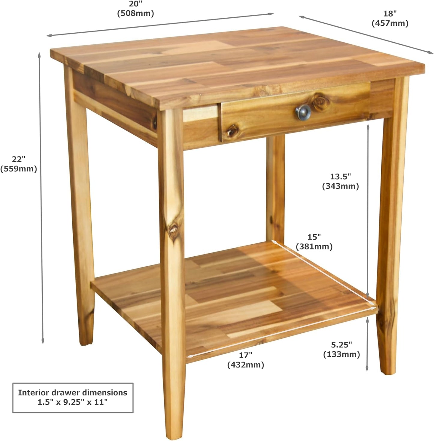2-Tier Solid Acacia End Table w/Drawer