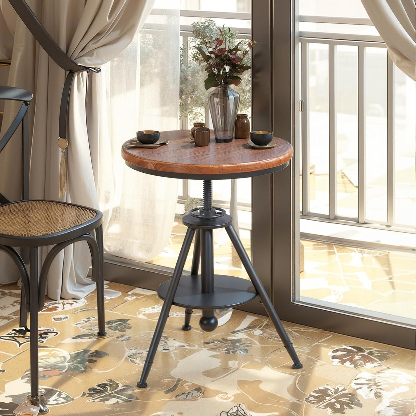 Dia 19.7" Round Pub Table Height Adjustable with 360 Swivel Solid Wood Tabletop for Dining Bistro Cafe Home Bar, Rustic Brown