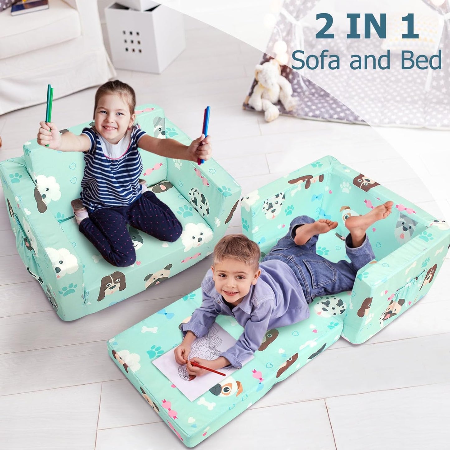 Kids Couch, 2-in-1 Kids Fold Out Sofa, Convertible Toddler Couch to Lounger for Girls and Boys, Soft Toddler Chairs Comfy 1-3 Years Old (Green Dog)