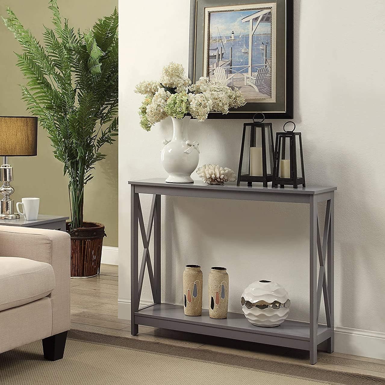 Convenience Concepts Oxford Console Table 39.5" - Sofa Table with Storage Shelf, Transitional Entryway Hall Table for Living Room and Bedroom, Display Foyer Table, Gray