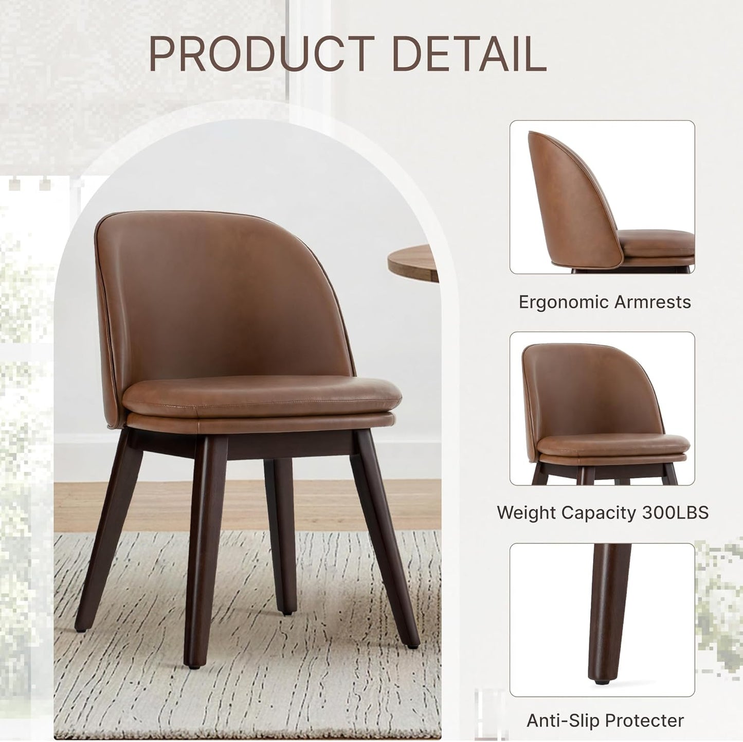 Wooden Dining Chairs Set of 2, Faux Leather Upholstered Modern Dining Room Chairs with Double-Layer Thick Seat Cushion & Ergonomic Backrest for Restaurant, Kitchen and Café, Brown