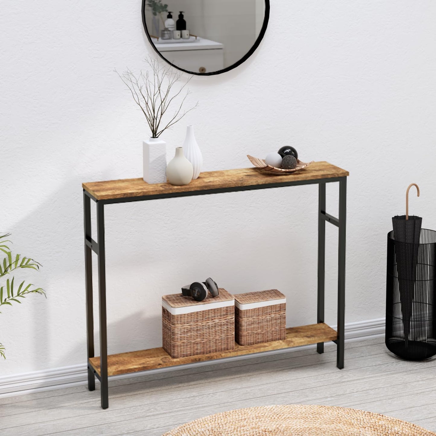 Narrow Console Table, 39.4” Sofa Table with Adjustable Shelf, 2-Tier Long Skinny Table for Hallway, Entryway, Living Room, Foyer, Rustic Brown