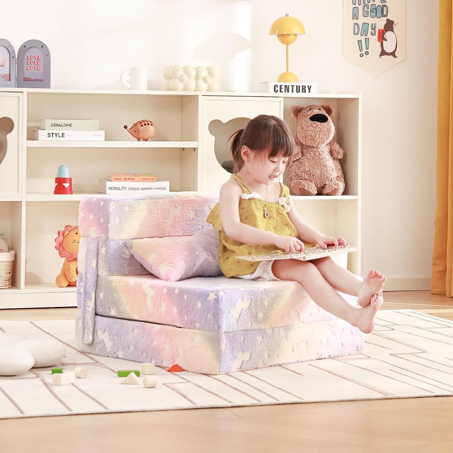 Folding Sofa Bed Floor Mattress for Kids with Pillow, Toddler Washable Folding Floor Nap Mat Futon, Child Fold Up Sofa Chair Bed with Storage Bag for Girls and Boys