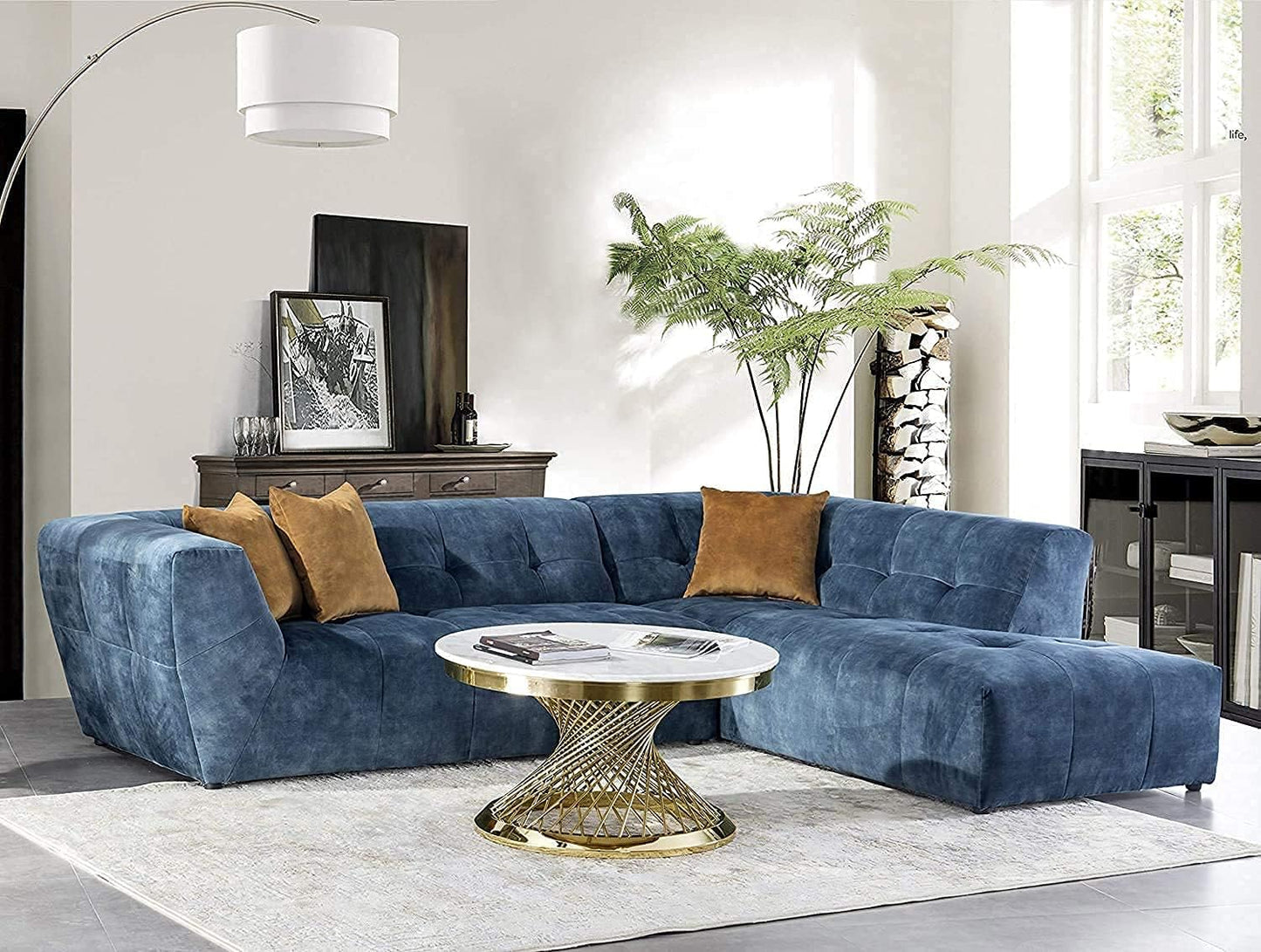 Acanva Mid-Century Velvet Sectional Sofa Couch for Living Room, L-Shape 2-Piece 113”W Right Hand Facing Chaise, Blue