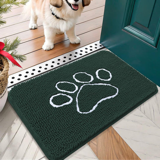 OLANLY Door Mat for Muddy Dog Paws 24x16, Absorbent Chenille Mud Doormat with Paw Print Design, Non-Slip Washable Doormat for Indoor Entryway, Quick-Dry Pet Bed Mats for Dirty Dogs, Blackish Green