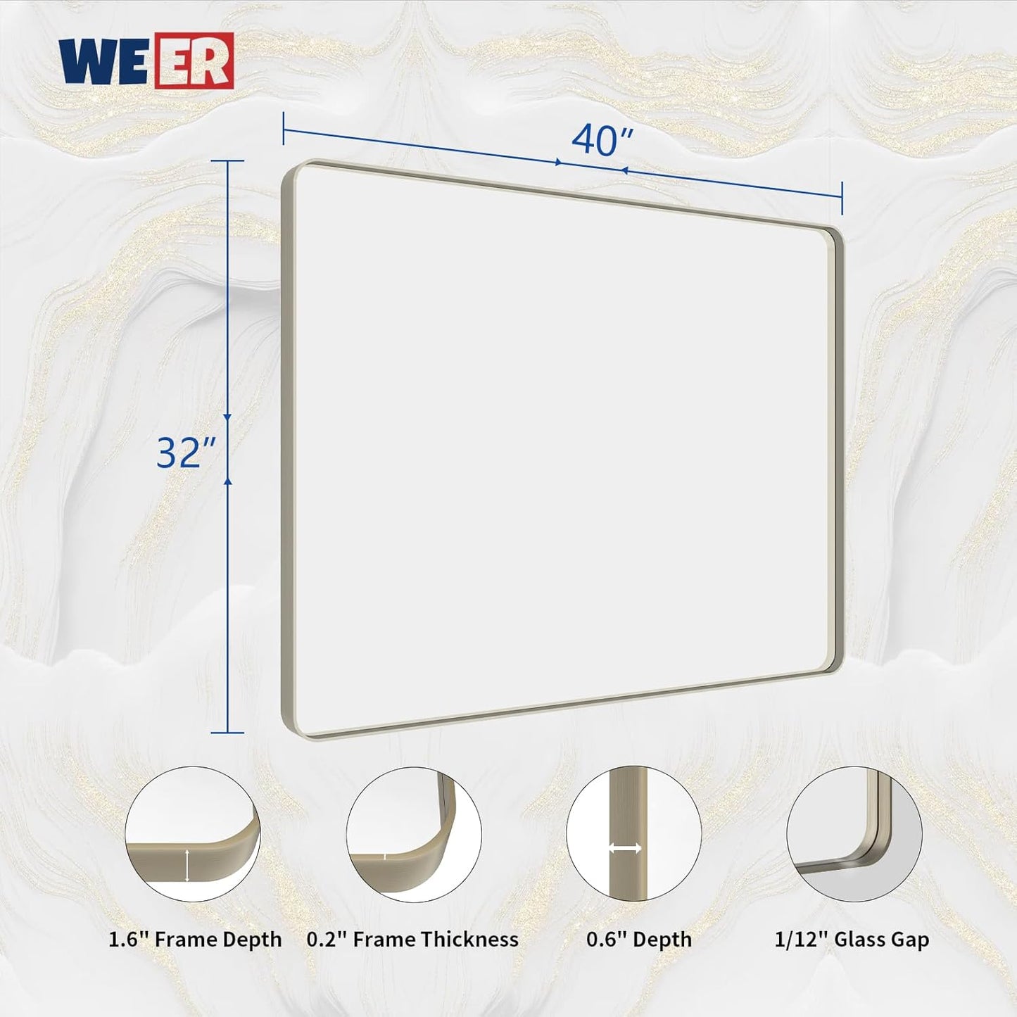 WEER 40X32 Inch Brushed Nickel Bathroom Mirror, Brushed Silver Metal Frame Mirror, Rounded Rectangle Silver Bathroom Vanity Mirror, Tempered Glass, Anti-Rust, Hangs Horizontally or Vertically
