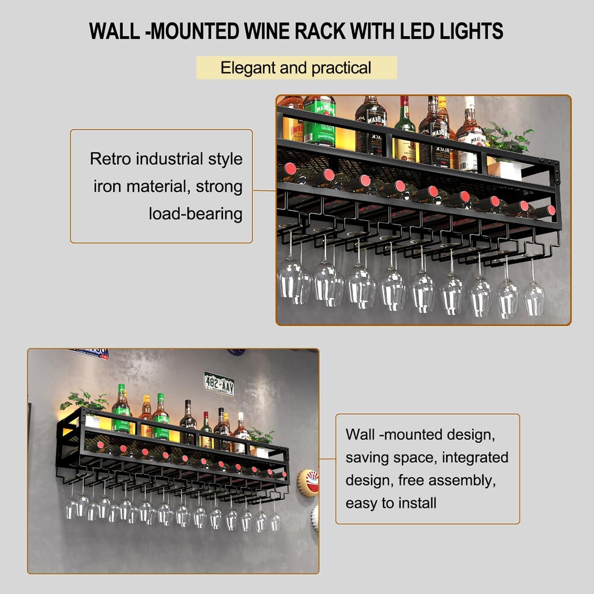 Pengfei LED Wine Rack Wall Mounted, Industrial Metal Wall Wine Shelf & Glass Holder, Large Floating Shelves Wine Bottle Storage Display Rack for Home Bar Dining Room Decor, Black