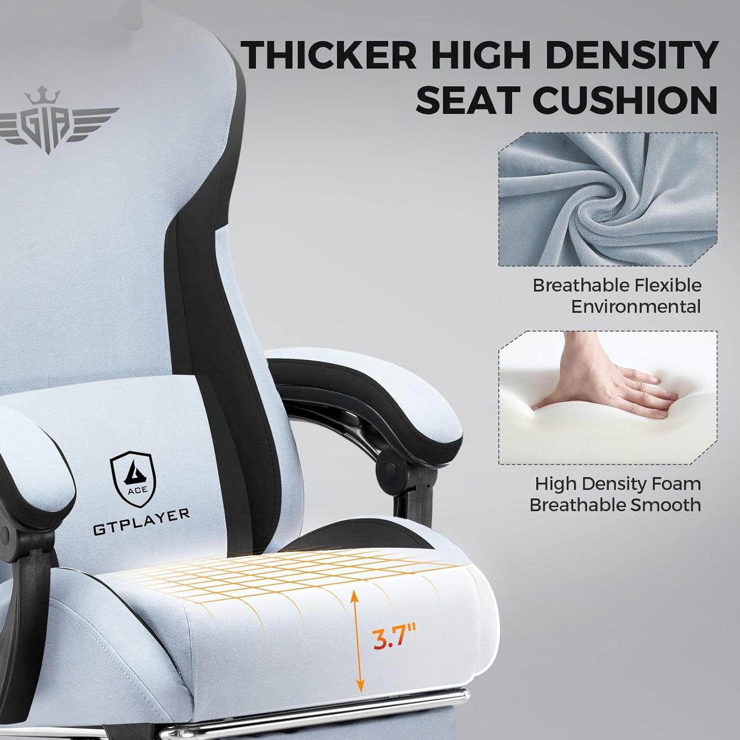 GTPLAYER Gaming Chair with Footrest, Big and Tall Game Chair High Back Computer Office Chair with Lumbar Support for Adults, Ergonomic Swivel Games Chair with Cushion Gaming Velvet Fabric Light Blue