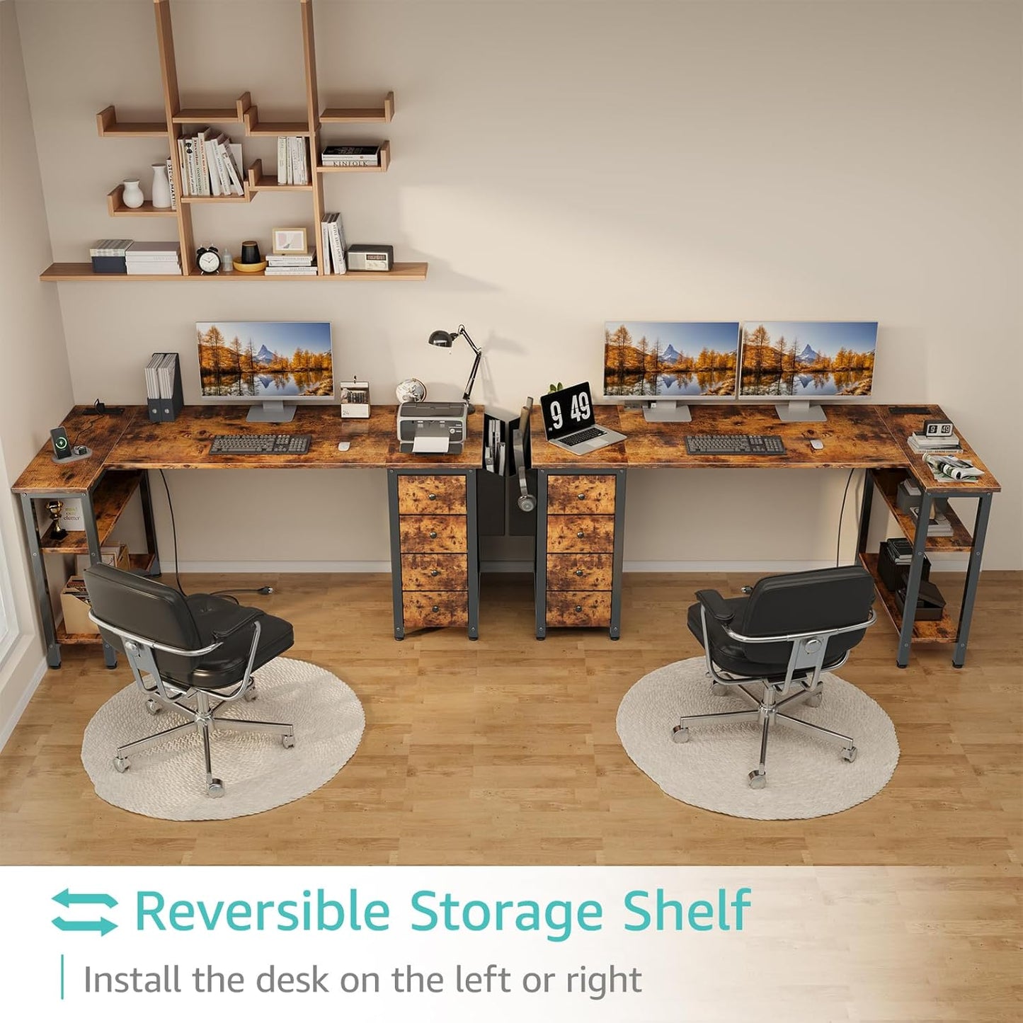 Lufeiya L Shaped Computer Desk with Drawers & Storage Shelves, 63 Inch Corner Desk with Power Outlet for Home Office Bedroom, L-Shaped Teen PC Gaming Desks with Fabric Drawer, Rustic Brown