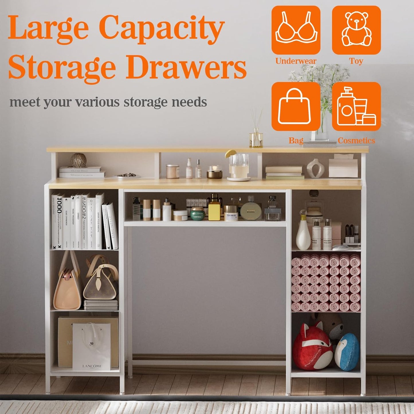 Dresser for Bedroom with 9 Drawers & 2 Open Shelves, Fabric Storage Dresser, Chest of Drawers, Long Dresser for Closet, Wooden Top & Metal Frame, Classic White