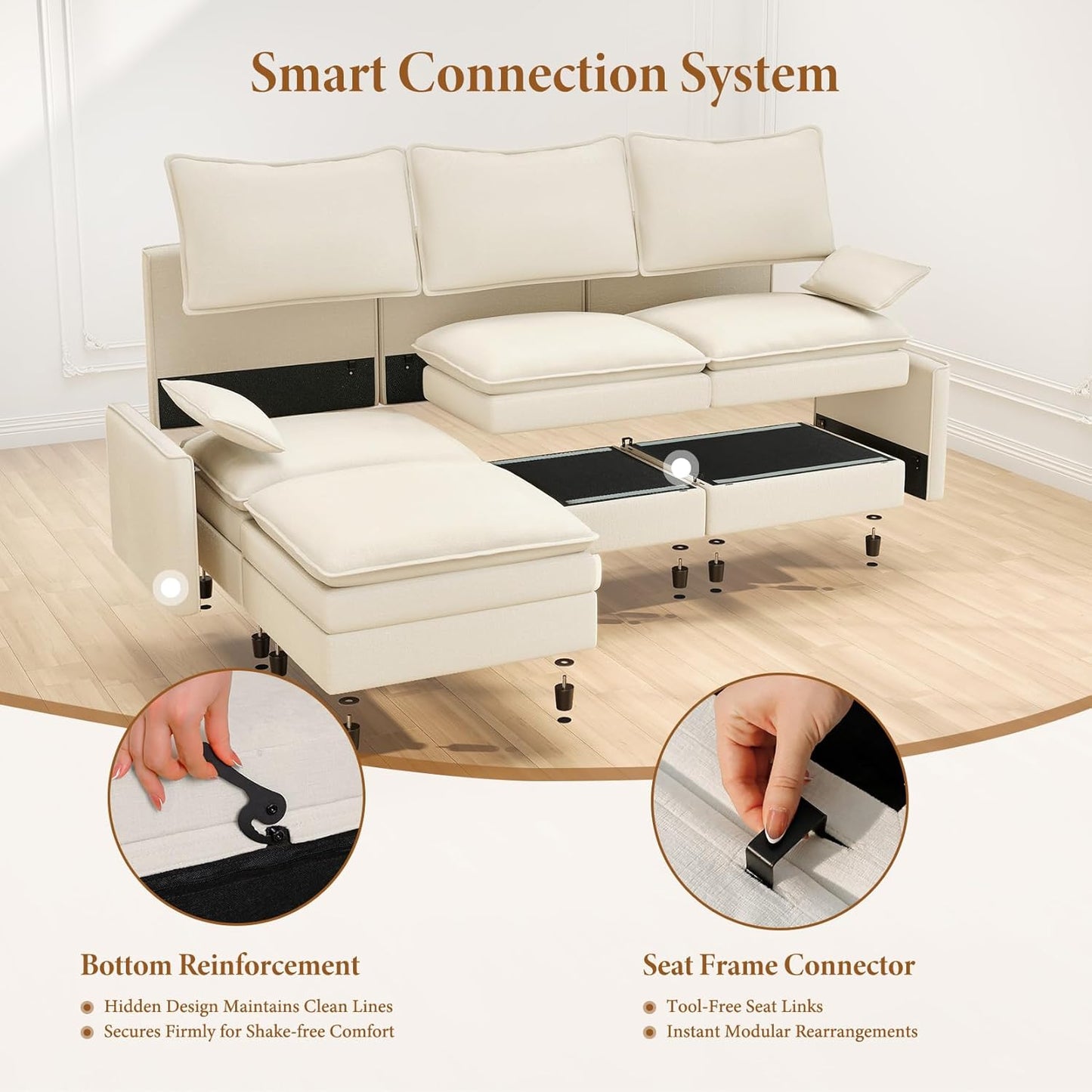 Vesgantti 142" Cloud Couch Sectional Modular Sofa, Comfy Sectional Couch with Ottoman Deep Seat Chenille L Shaped Sofa, Modular Couches for Living Room, Bedroom and Apartment, Beige