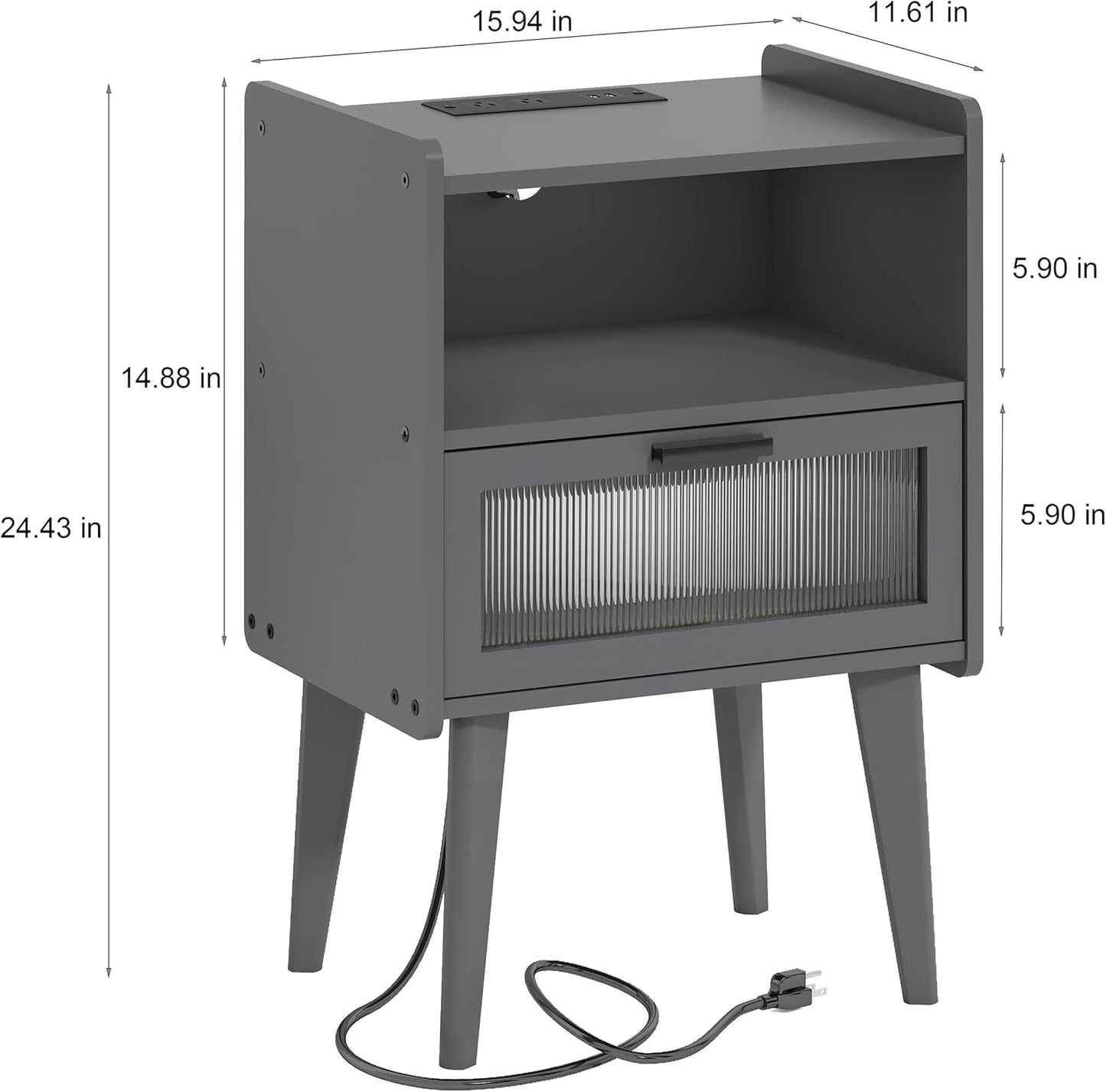 Nightstand with Charging Station, Bedside Tables Grey End Table Side Table with 2 Tiers Storage Space, for Bedroom Living Room CAMLBZ07ZE