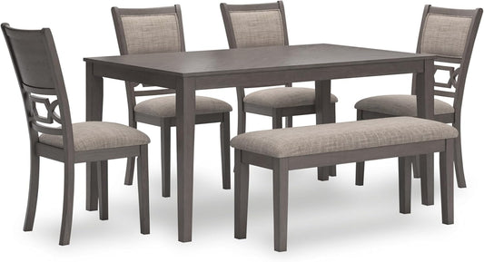 Signature Design by Ashley Wrenning Modern Diamond Patterned Dining Table with 4 Upholstered Chairs and Bench, Set of 6, Gray & Light Gray