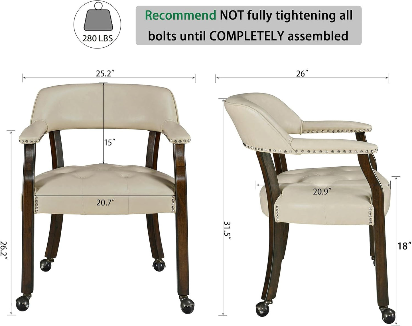 LEEMTORIG Large Dining Chairs with Casters and Arms, Rolling Dining Chairs with Wheels, Solid Wood Office Desk Chairs, 26“Dx25.2 Wx31.5“H, Espresso Legs & Beige PU, XXY-1910-BG