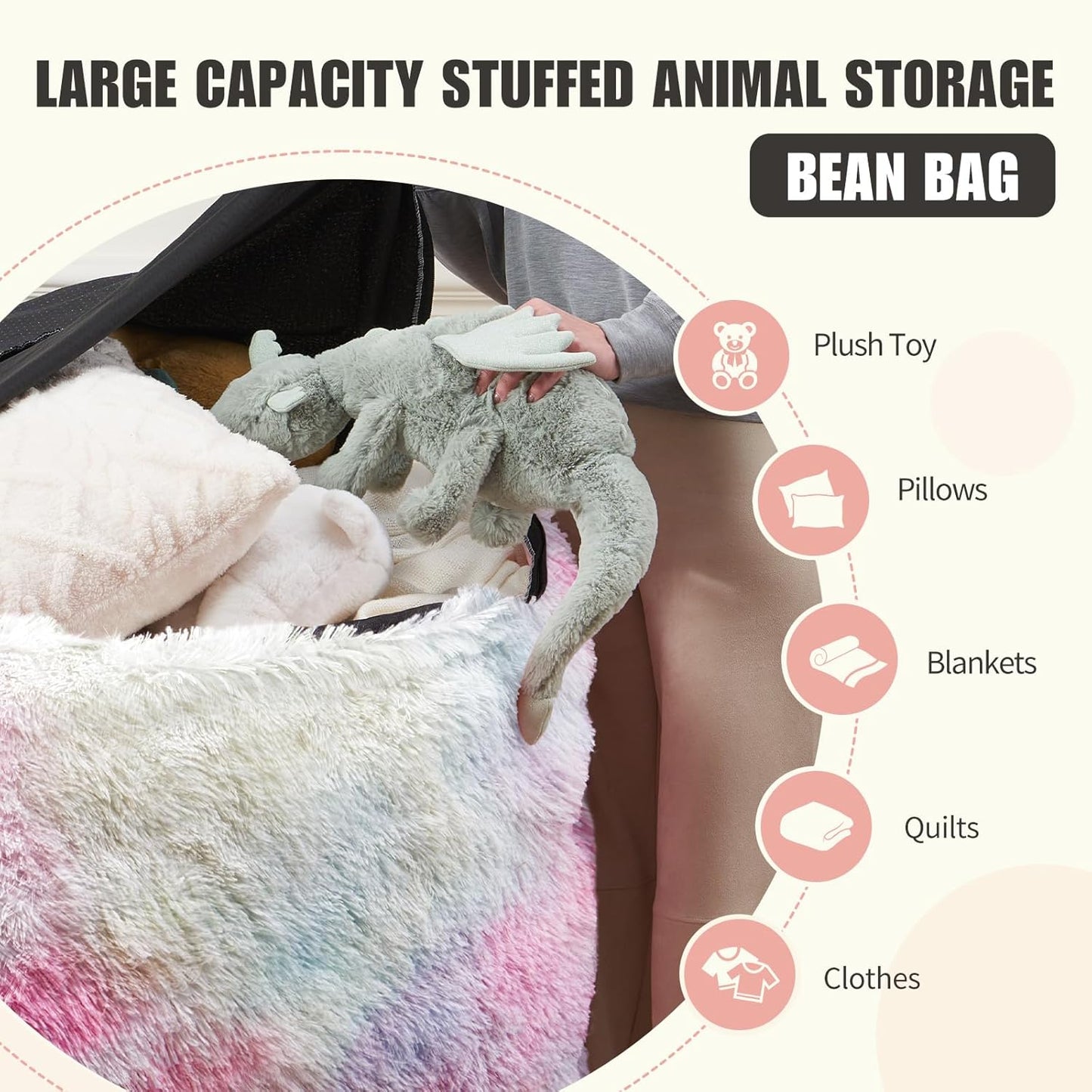 6FT Fur Comfy Bean Bag Cover for Living Room(No Filler), Big Fluffy Stuffed Animal Storage Bean Bag Chair Cover Rainbow, Furry Fuzzy Bean Bag Cover for Adults Kids Girls, Anti-Slip, Colorful