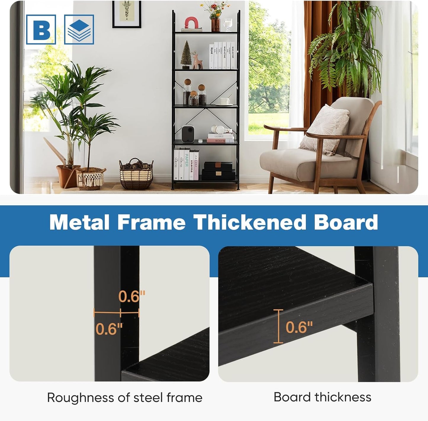 DUMOS 5 Tiers Bookshelf, Classical Book Shelf, Tall Display Shelves in Living Room/Home/Office, Storage Organizer for CDs/Books/Movies, Modern Black