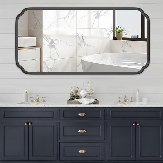 48 x 24 Inch Black Bathroom Vanity Mirror for Wall with Metal Frame Modern Rectangle Rounded Corner Wall Decor Mirror for Big Bathroom Over Sink (Horizontal/Vertical)