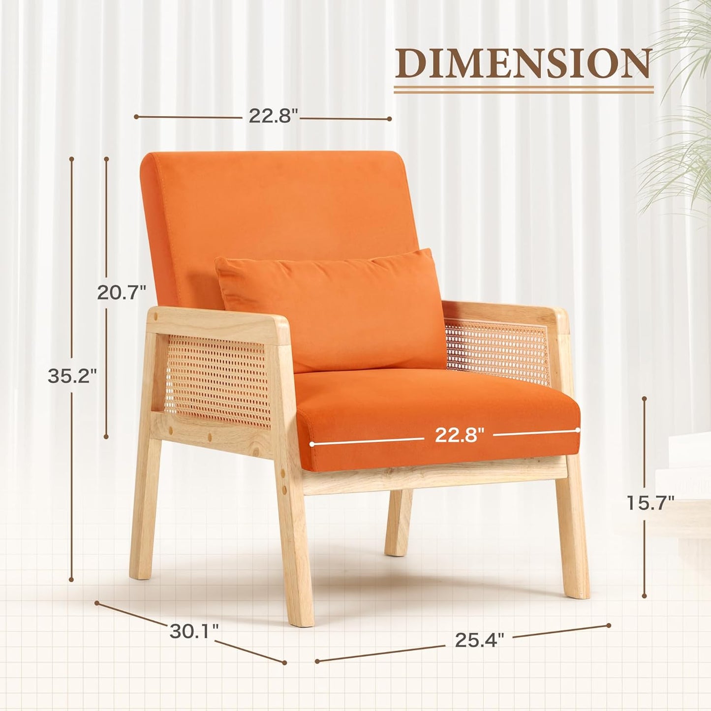 YESHOMY Mid-Century Accent Chair with Pillow Upholstered with Solid Frame & Breathable Armrest for Living Room, Light Orange