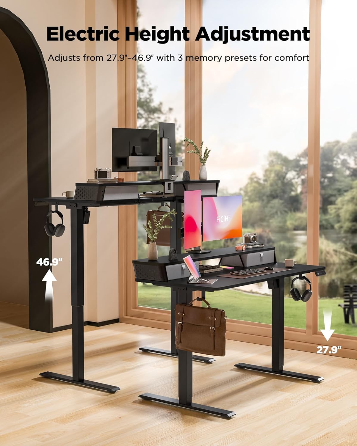 48x24 Inch Standing Desk with Double Drawers, C-Clamp Mount Compatible, Electric Adjustable Height Computer Stand Up Desks, Home Office Sit Stand Table with 3 Preset Heights & 2 Hooks, Black