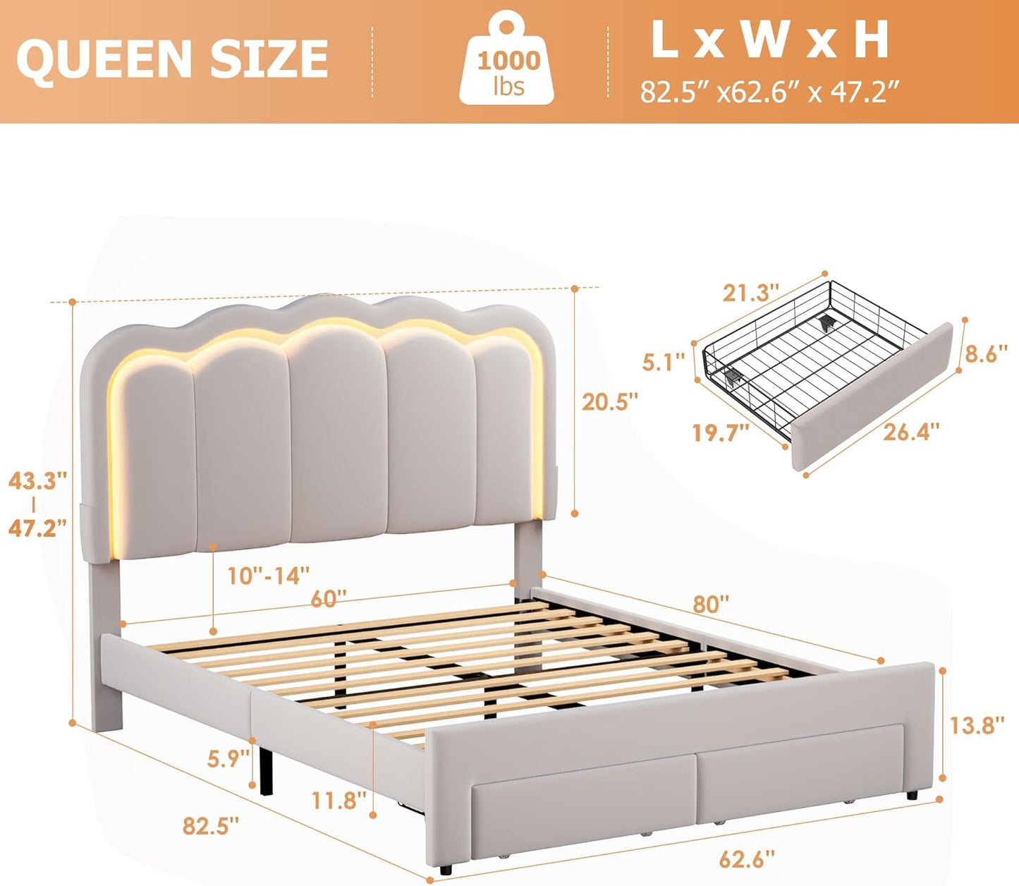 Queen Upholstered LED Bed Frame with 2 Storage Drawers and Adjustable Chic Double Wavy Headboard, Velvet Prince Platform Bed with Charing Station, Solid Wood Slats Support,No Box Spring Needed,Grey