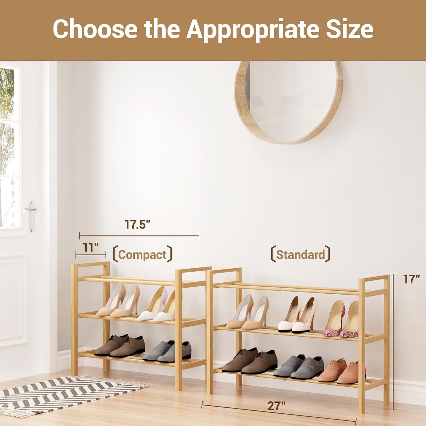 Haddockway Bamboo Shoe Rack for Closet, Free Standing Shoe Organizer with Smooth Round Rods & Convenient Handles, Stackable Shoe Storage Shelf for Entryway, Hallway(Natural, 3-Tier(Small))