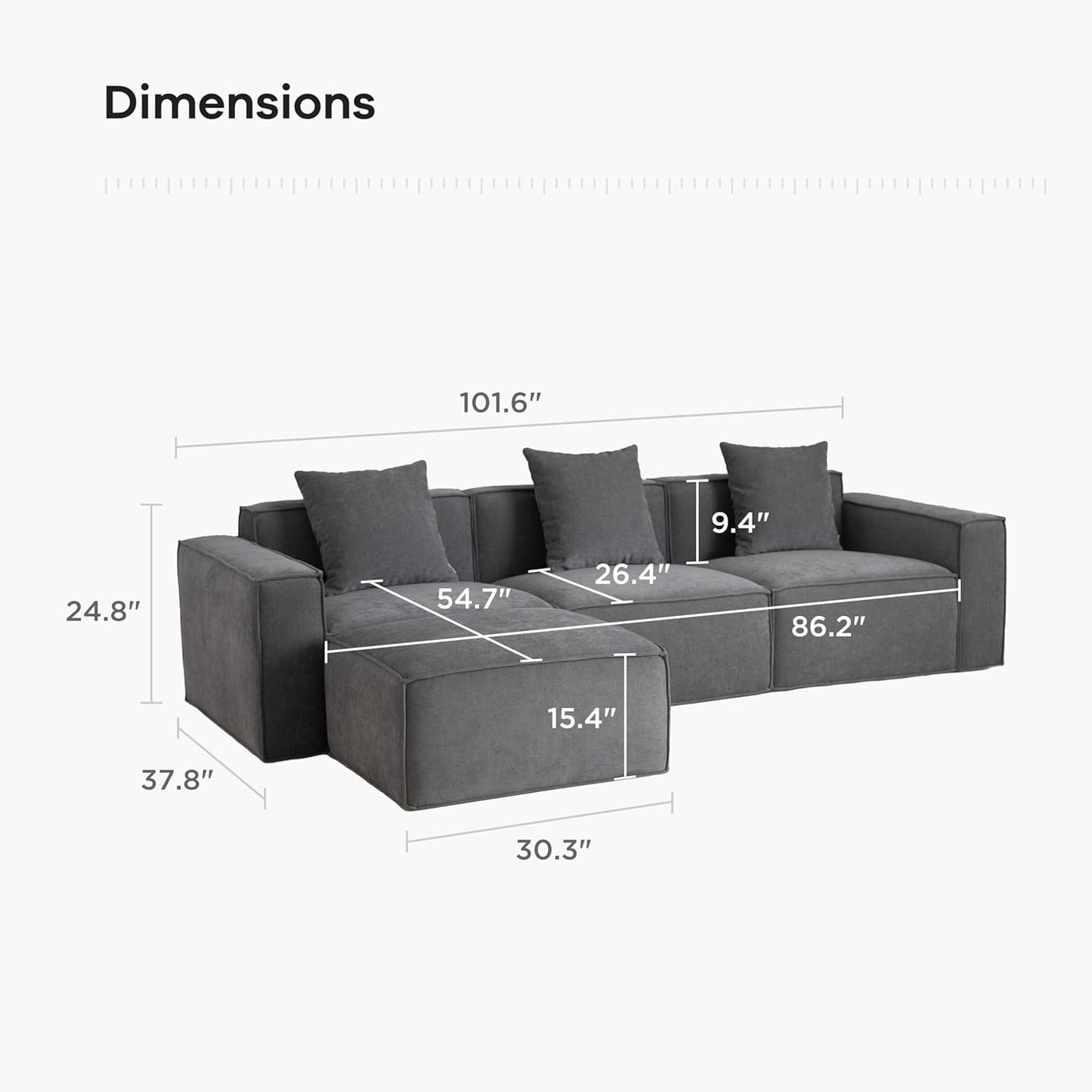 Acanva Luxury Modular Sectional Living Room Sofa Set, Modern Minimalist Style Couch with Ottoman and Chaise, L-Shape, Dark Grey