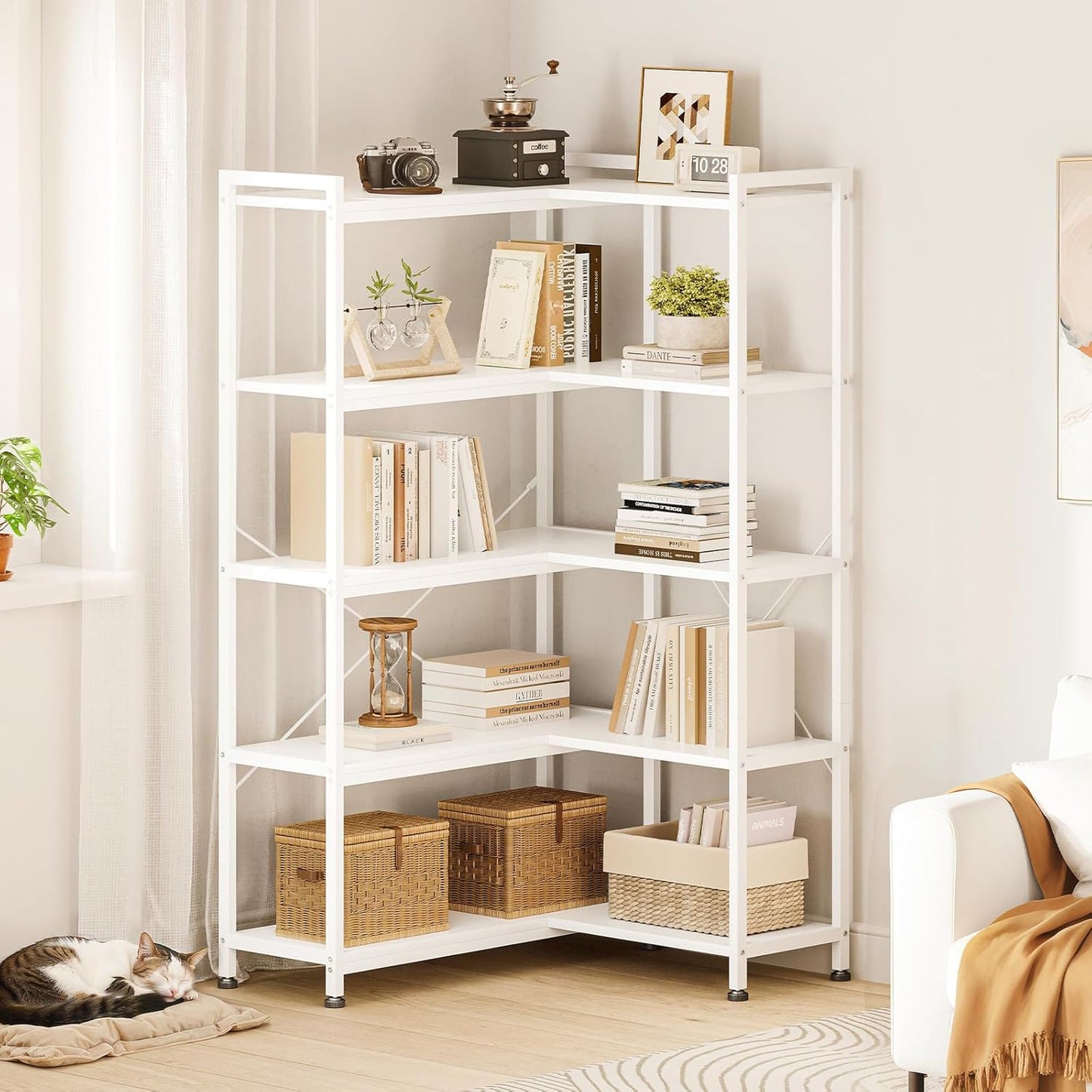 Casaottima Corner Bookshelf 5 Tier, 57 Inches Reversible Book Shelf for Living Room, Industrial Wooden Bookcase with Open Shelves and Metal Frame for Bedroom, Home Office, Kitchen, White