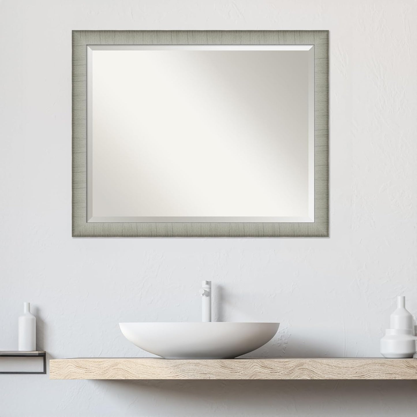 Amanti Art Silver Bathroom Mirror for Over Sink, 25x31 Elegant Brushed Pewter Narrow Rectangle Vanity Mirror, Large Casual Frame, Hangs Horizonally and Vertically, Bathroom Wall Decor, Beveled Edge