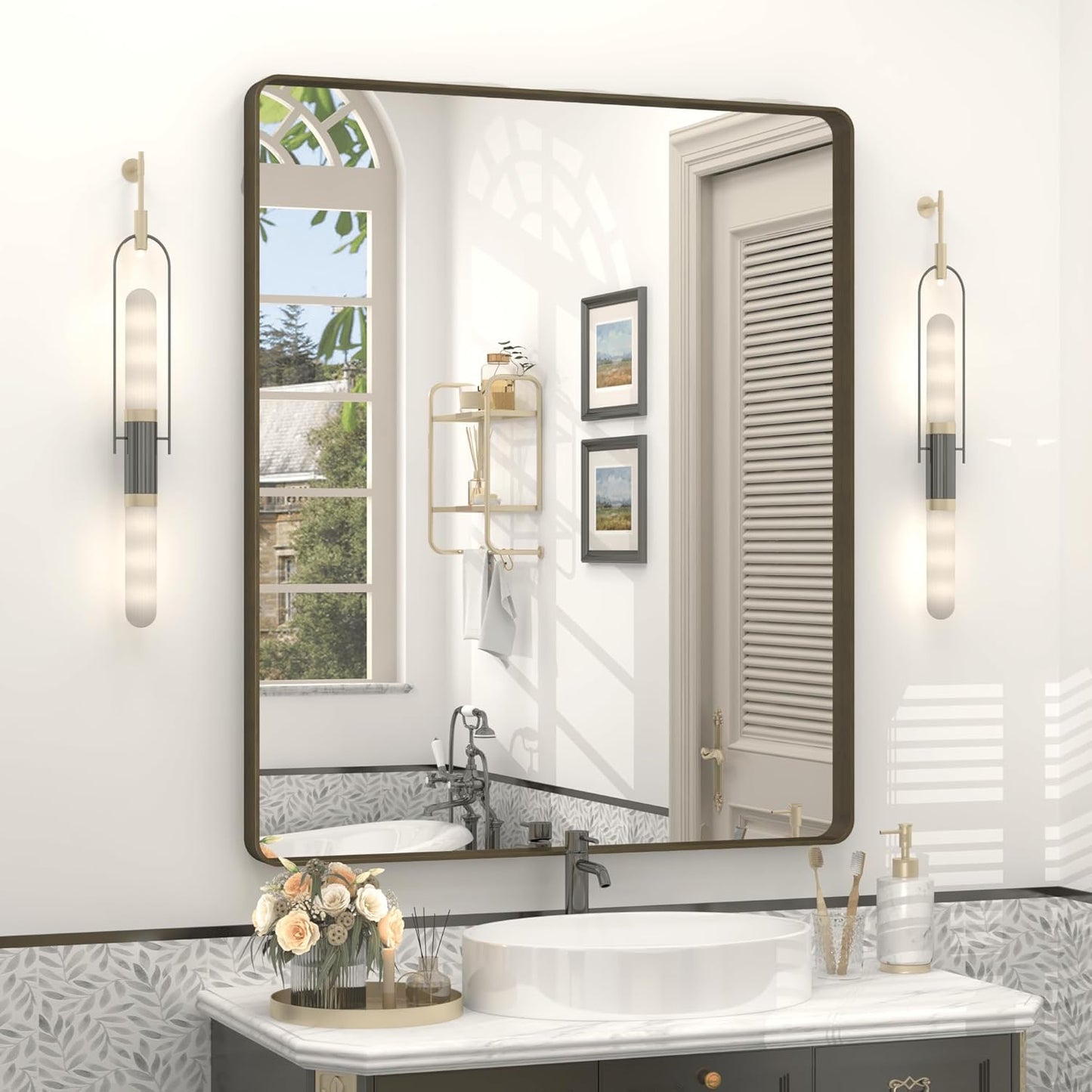 30x36 Inch Bronze Framed Bathroom Mirror, Brushed Bronze Metal Vanity Mirror, Bronze Rectangle Mirror for Wall, Rounded Corner, Anti-Rust, Shatterproof (Horizontal/Vertical)