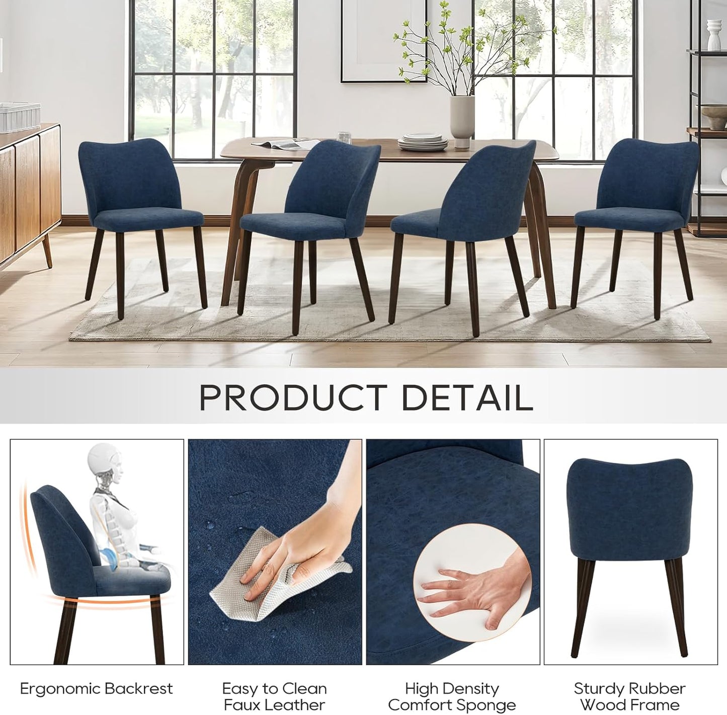 COLAMY Upholstered Dining Chairs Set of 2, Modern PU Leather Dining Room Kitchen Side Chair with Padded Seat and Wood Legs Restaurant/Cafe, Blue