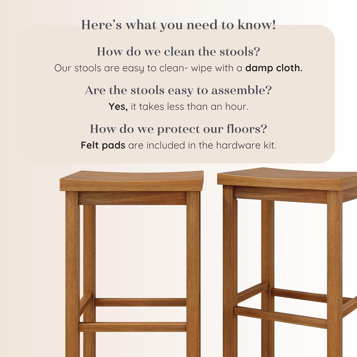 Grain & Grove Smith Collection Set of 2 Solid Wood Bar Stools, 30 inch Saddle-Seat Bar Chairs, Backless, Heavy-Duty Construction, Footrest Support, for Kitchen Islands, Home Bars, and Counters, Pecan