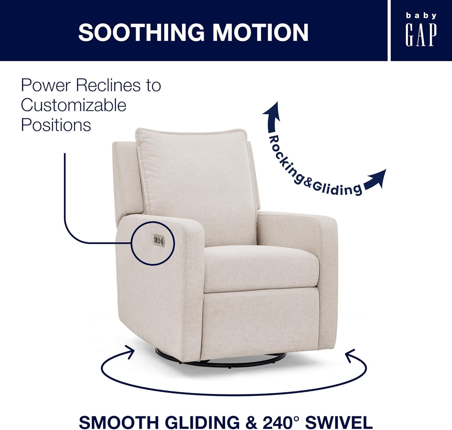 Delta Children babyGap Harlowe Power Recliner with USB-A and Type-C Ports Greenguard Gold Certified – Stain-Resistant Performance Fabric is Oeko-TEX Standard 100 Certified, Sand