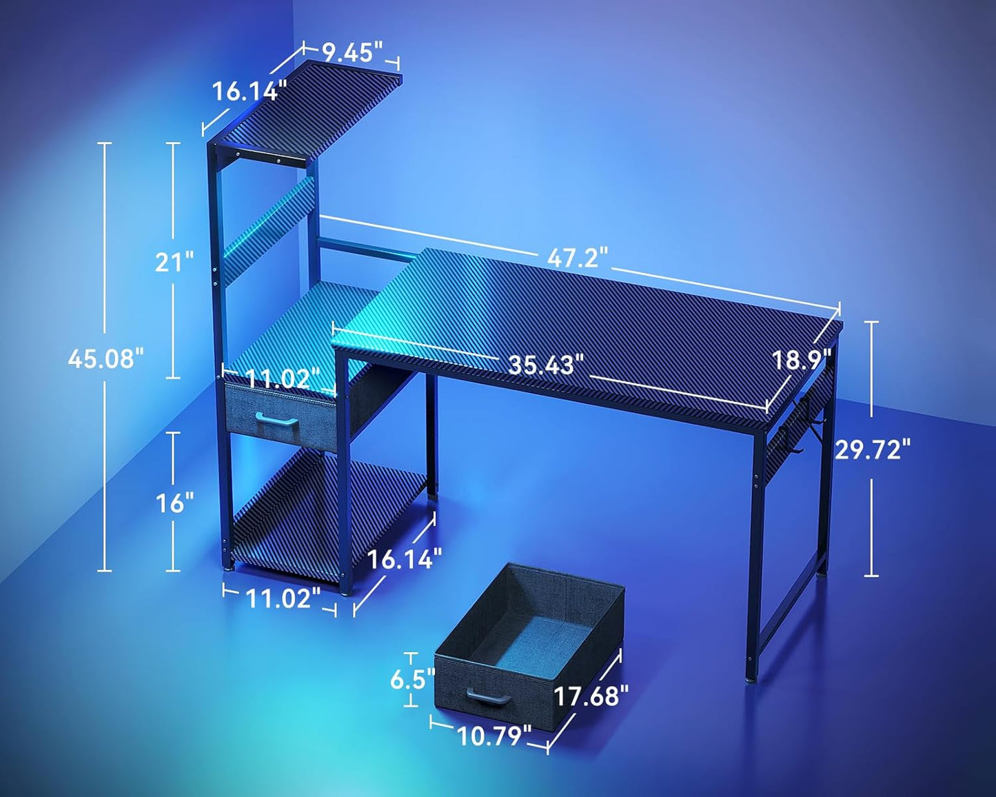 Casaottima 48 Inch Gaming Desk with Storage & LED Lights, Reversible Computer Desk with Display Shelves & Fabric Drawer, Modern Gamer Desk Table with Side Headphone Hook, Carbon Fiber Black