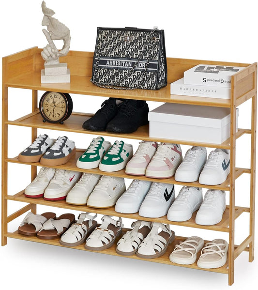 Bamboo Shoe Rack Organizer, 5 Tier Shoe shelf Storage Organizer, For Entryway, Hallway, and Closet (Nature-39.4")