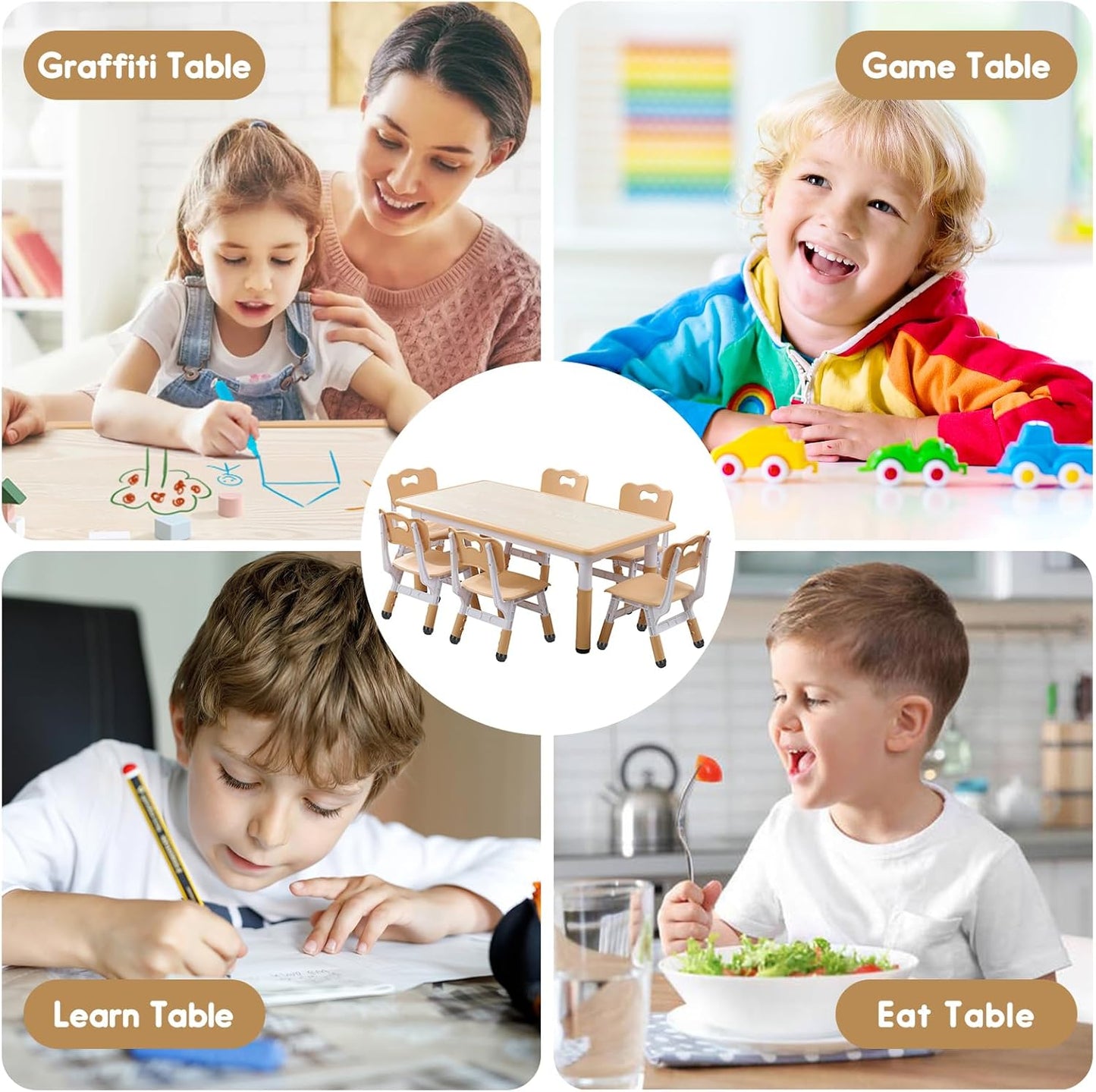 Kids Table and Chairs Set, Height Adjustable Desk With 6 Seats for Ages 3-12,Arts & Crafts Table,Graffiti Desktop, Non-Slip Legs, Max 300lbs, Children Multi-Activity Table for Classrooms,Daycares,Home