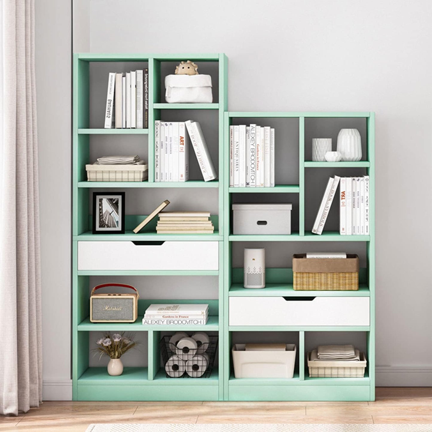 IOTXY Wooden Open Shelf Bookcase - 51 Inches Height Freestanding Display Storage Cabinet Organizer with 7 Cubes and a Drawer, Floor Standing Bookshelf in Tiffany-Green