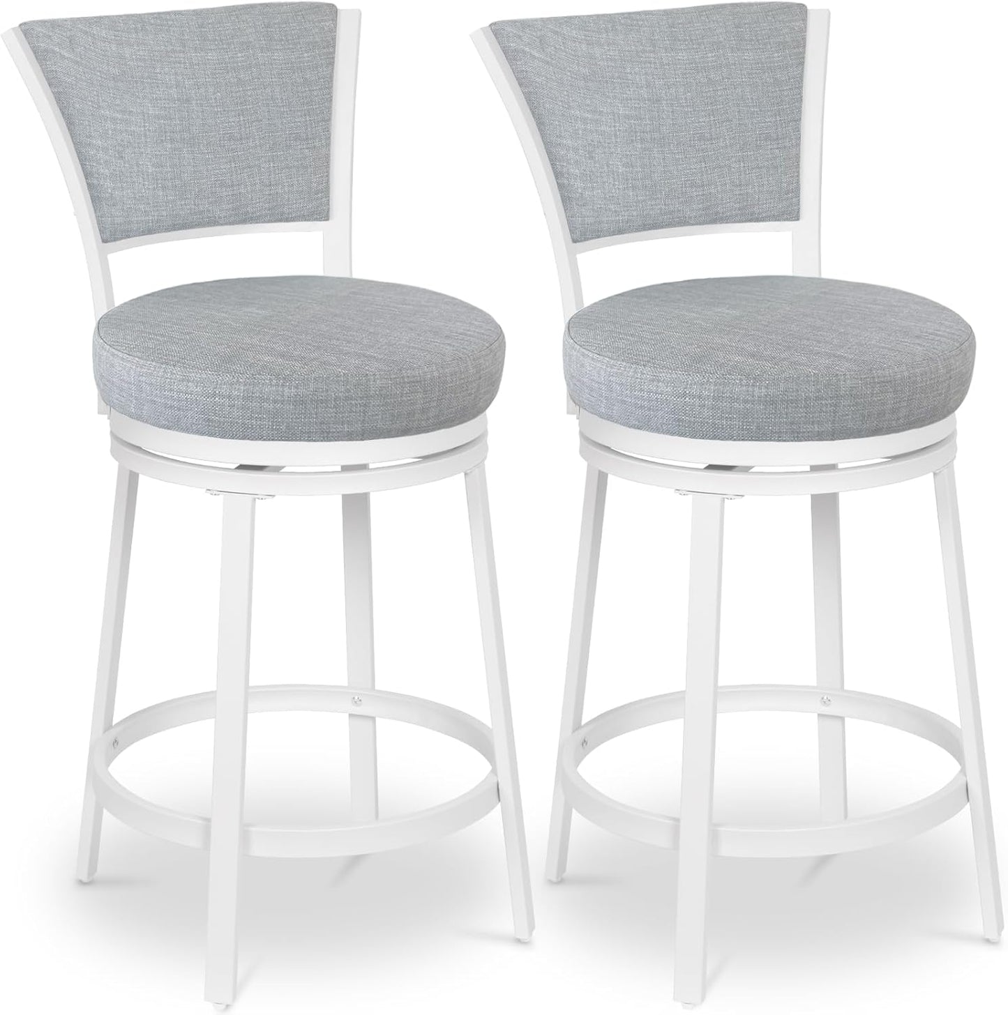 Bar Stools Set of 2, 25 Inch Metal Counter Height Bar Chairs, Modern Linen Fabric 360° Round Swivel Barstools with Back, Counter Stools for Kitchen Island, Pub, Grey & White