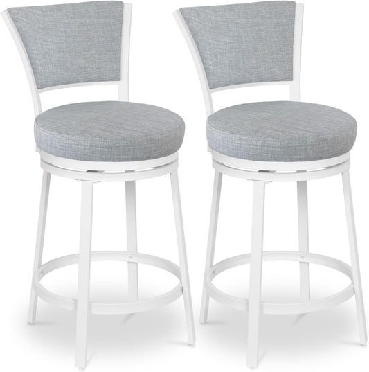 Bar Stools Set of 2, 25 Inch Metal Counter Height Bar Chairs, Modern Linen Fabric 360° Round Swivel Barstools with Back, Counter Stools for Kitchen Island, Pub, Grey & White