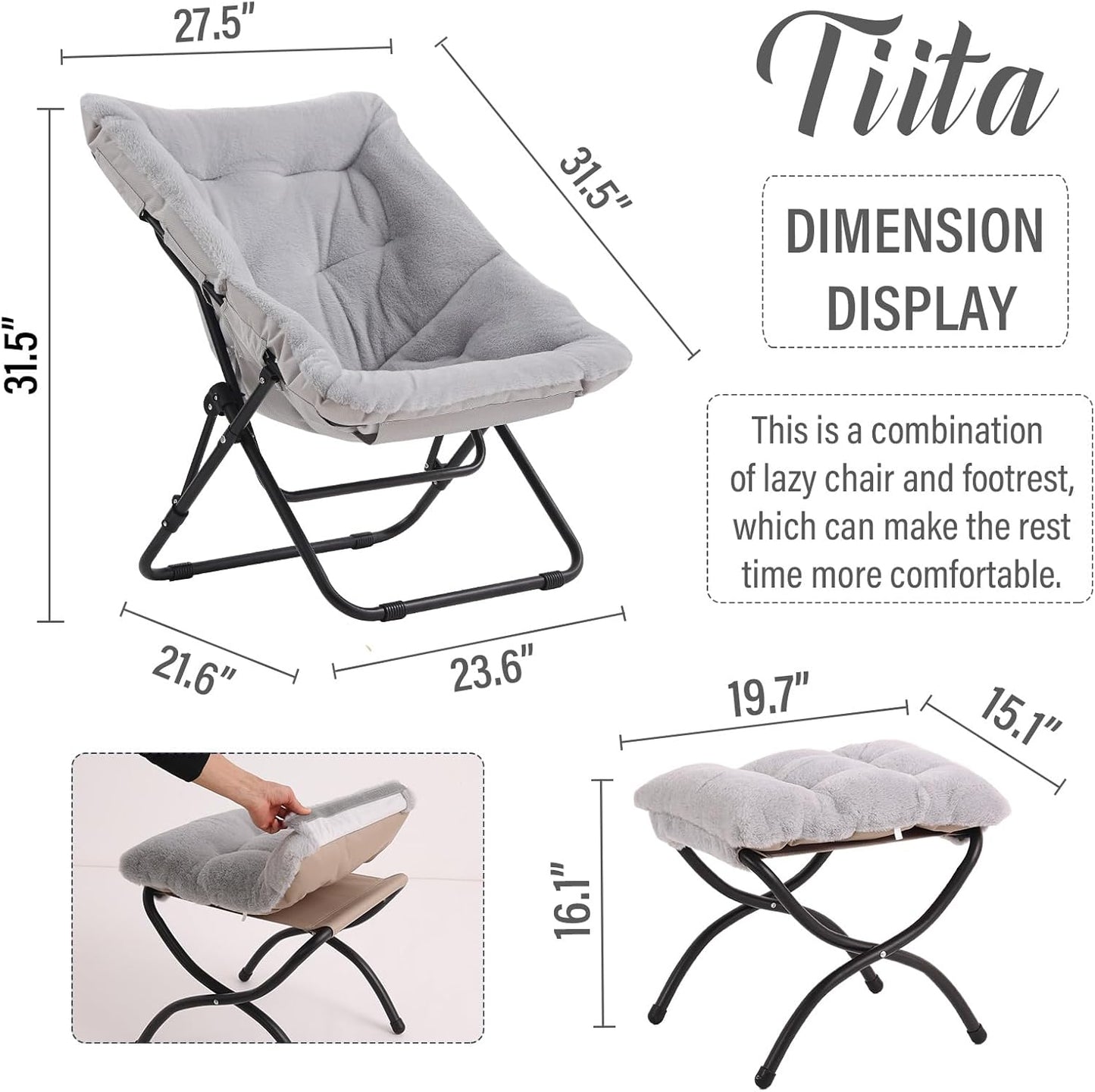 Tiita Folded Chair with Ottoman, Soft Faux Fur Oversized Folding Accent Chair,Lounge Lazy Chair, Metal Frame Moon Chair for Bedroom, Living Room, Dorm Rooms, Garden and Courtyard