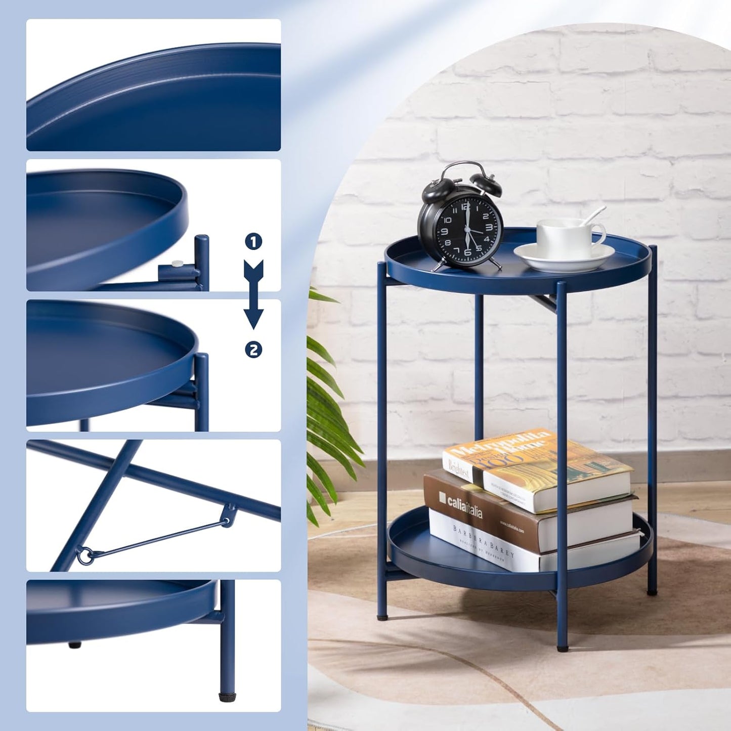 HollyHOME 2-Tier Round Side Table, Outdoor Small Folding Accent Stand with Removable Tray, Anti-Rust Metal Asional Table for Balcony Patio Living Room, Nightstand for Bedroom(Navy Blue)