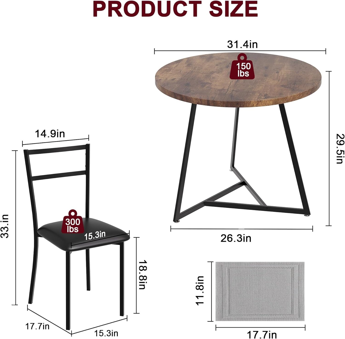 CABIHOME Dining Table Set for 2, Kitchen Table Set for 2, Kitchen Table Set with 2 Upholstered Chairs, Round Dining Table Set for Small Space, Apartment, Retro Brown