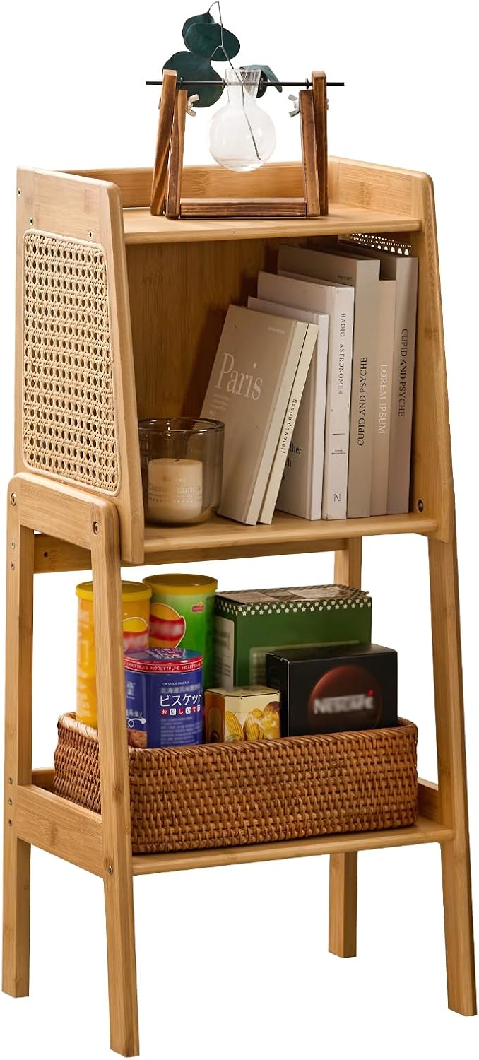 Welnow Bamboo Rattan Bookcase with Cabinet, 1-Tier Storage Shelf with Side Table & End Table Function, Large Modern Wood Organizer for Living Room or Bedroom, Natural Bookshelf