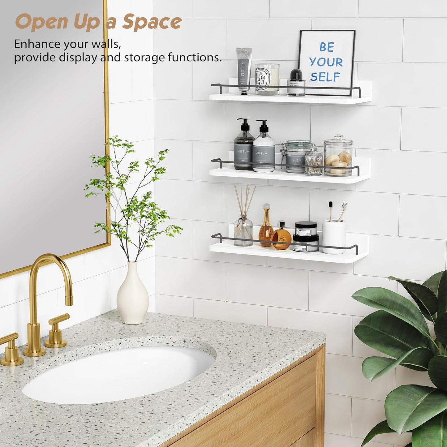 Forbena White Floating Shelves Bathroom Shelves Over Toilet Set of 3, Bathroom Organizers and Storage Shelves Wall Mounted, Modern Wood Corner Wall Shelf for Bedroom Closet -White and Dark Grey