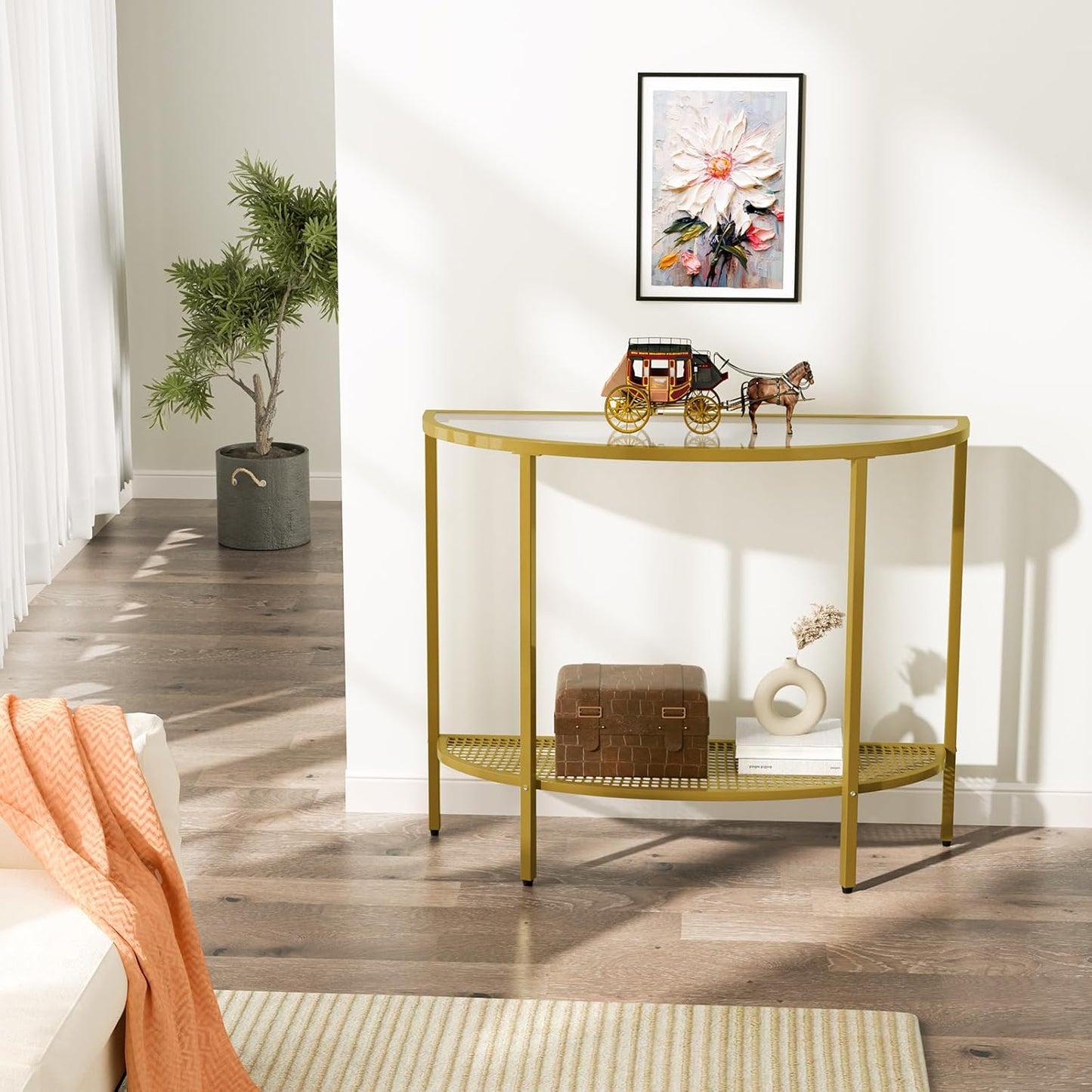 SAYGOER Glass Half Moon Console Table 2 Tier Narrow Entryway Table with Gold Metal Frames, Modern Couch Table Small Entry Way Tables, Easy Assembly, Clear Glass Gold Frames