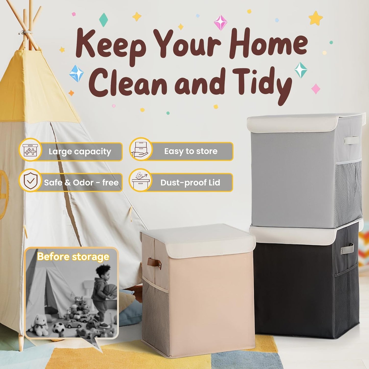 40L Large Toy Storage Box with Lid, Large Toy Box Chest for Kids, Girls and Boys, Nursery Room and Living Room, 13"x13" x16" - Grey