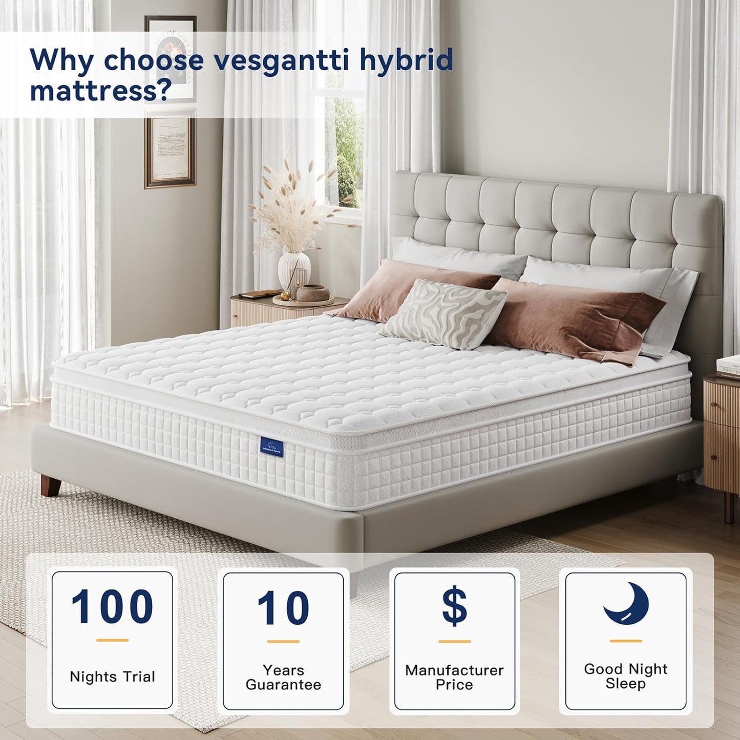 Vesgantti 10 Inch Multilayer Hybrid Twin Mattress - Multiple Sizes & Styles Available, Ergonomic Design with Memory Foam and Pocket Spring, Medium Firm Feel, White