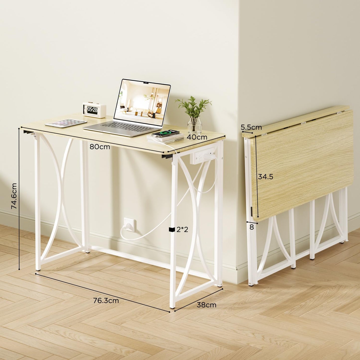 Folding Table, 31.5" Small Desk for Bedroom with Power Outlet, Space Saving Foldable Computer Desk for Home Office, Easy Assembly, Beige
