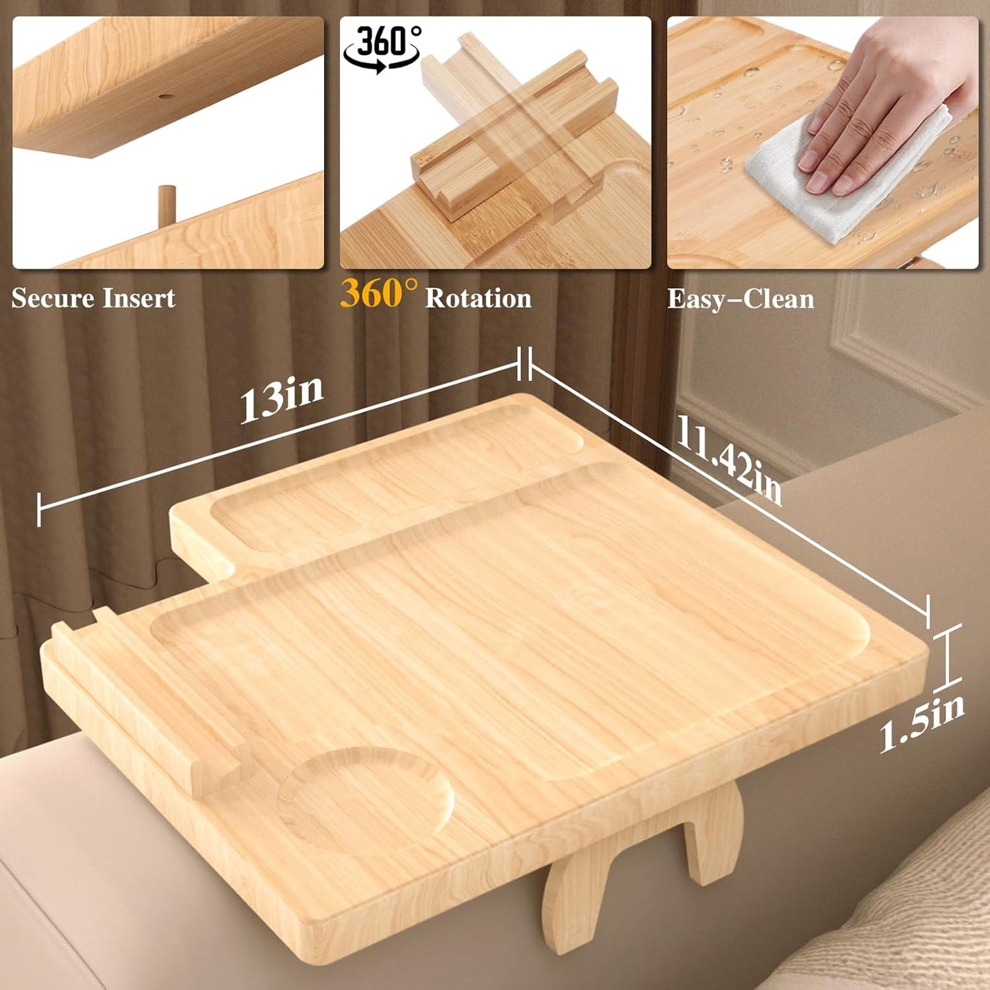 Bamboo Couch Arm Table with Remote Control Tray & Rotating Phone Holder,Non-Slip Clip Fits Sctional Sofa and Pillow,Foldable Armrest Tray Table for Couch,Durable Sofa Arm Table for Drinks and Dining